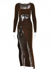 Long Sleeve Cut Out Slit Maxi Dress Women Black Elegant Club Party Fashion Dress