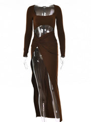 Long Sleeve Cut Out Slit Maxi Dress Women Black Elegant Club Party Fashion Dress