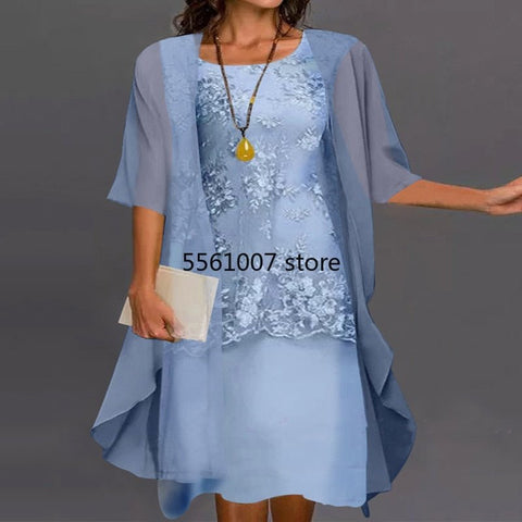 Plus Size Floral Embroidered Lace Midi Dress Women 2-Piece Layered Elegant Party Fashion
