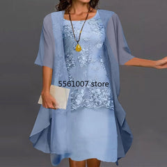 Plus Size Floral Embroidered Lace Midi Dress Women 2-Piece Layered Elegant Party Fashion