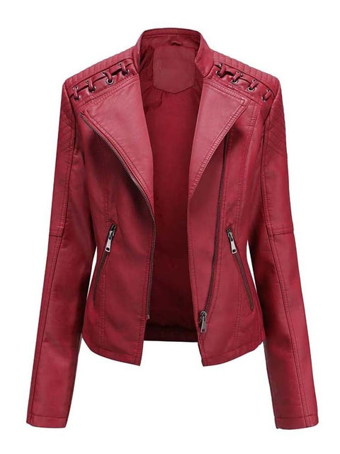 Faux Leather Motorcycle Jacket Women Long Sleeve Zipper Slim Casual Chic Outerwear Fashion