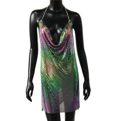 Metal Mesh Backless Mini Dress Women Shiny Split Short Elegant Club Party Fashion Dress