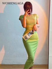 High Waist Slim Hip Maxi Dress Women Short Sleeve Round Neck Casual Elegant Fashion Dress