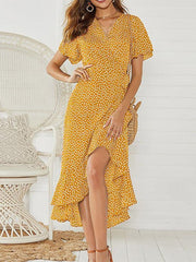Floral Print Chiffon Boho Maxi Dress Women Long Ruffle Hem Casual Beach Vacation Summer Fashion