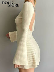 Long Sleeve Backless Knit Mini Dress Women Elegant Casual Party Club Fashion Dress
