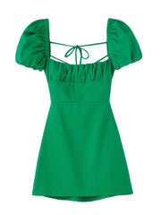 Linen Blend Backless Midi Dress Women Square Neck Short Sleeve Casual Summer Fashion Dress