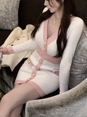 Long Sleeve V-Neck Button Knit Midi Dress Women Slim Elegant Casual Party Fashion