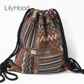 Women's Fabric Backpack Bohemian Hippie Chic Soft Brown Bag Drawstring Backpack