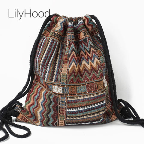 Boho Drawstring Backpack Women Fabric Hippie Chic Soft Brown Casual Travel School Fashion Bag