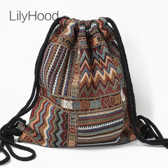 Women's Fabric Backpack Bohemian Hippie Chic Soft Brown Bag Drawstring Backpack