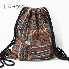 Boho Drawstring Backpack Women Fabric Hippie Chic Soft Brown Casual Travel School Fashion Bag