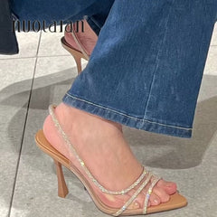 Rhinestone High Heel Sandals Women Sparkly Elegant Party Wedding Guest Spring Summer Fashion