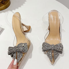 Crystal Bow Pumps, Slip-on Rhinestone Heels, Clear Pumps