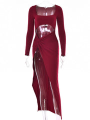 Long Sleeve Cut Out Slit Maxi Dress Women Black Elegant Club Party Fashion Dress