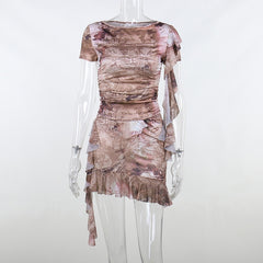 Two Piece Set Ruffle Print Short Sleeve Crop Top And Mini Skirt Matching Set