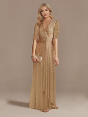 Women's Long Sleeve V-Neck Evening Dress Party Wedding Guest Prom Sequin Dress