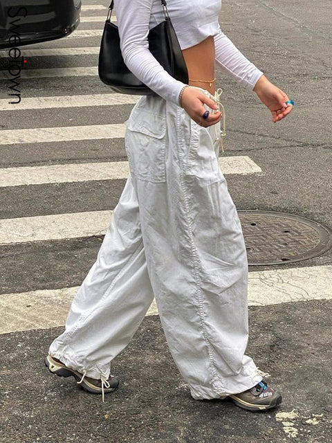Low Waist Parachute Cargo Pants Women Loose Drawstring Wide Leg Casual Streetwear Fashion