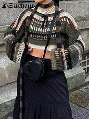 Fishnet Crop Sweater Women Striped Hollow Out Grunge Goth Casual Streetwear Fashion Top