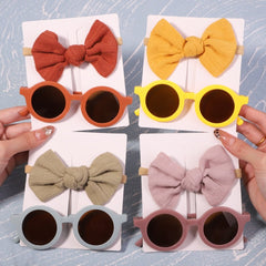 Kids Sunglasses 2-Piece Vintage Round Flower Shaped Bow Headband UV Children Fashion Gift