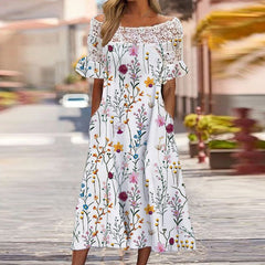 Off Shoulder Floral Print Lace Beach Dress Women Slash Neck Patchwork Short Sleeve Summer Fashion