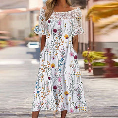 Off Shoulder Floral Print Lace Beach Dress Women Slash Neck Patchwork Short Sleeve Summer Fashion