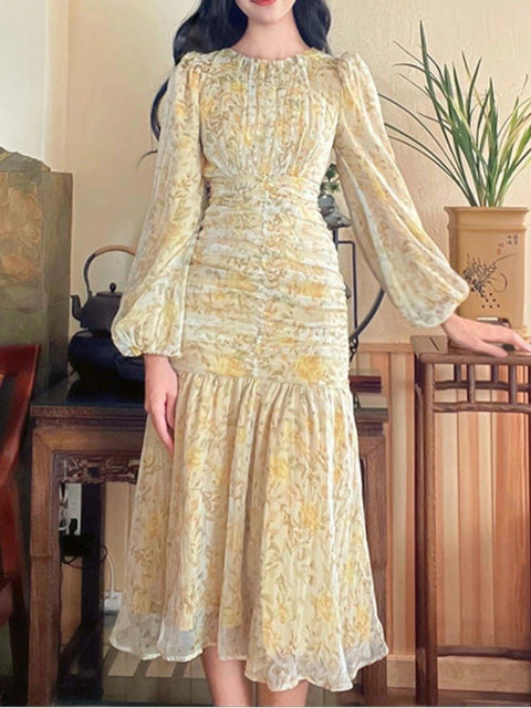 Long Sleeve Floral Printed Lace Bodycon Midi Dress Women Elegant Casual Party Fashion