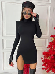 Women Spring Autumn Long Sleeve Bodycon Black Mini Dress With Slit
