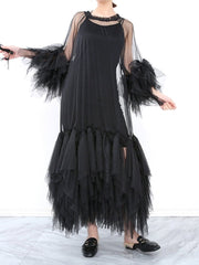 Three Quarter Sleeve Maxi Dress Women Black Ruffle Loose Fit Round Neck Plus Size Fashion