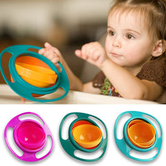 A series of three images displaying a rotating baby bowl in blue, orange, and pink colors, with a child interacting with the blue bowl in the first image.