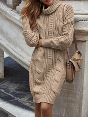 Turtleneck Long Sleeve Knit Sweater Dress Women Pullover Elegant Casual Winter Fashion Dress