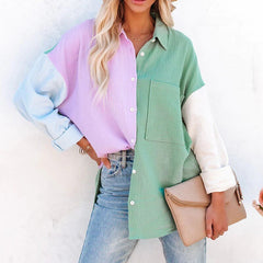 Patchwork Shirt Women Casual Chic Colorblock Everyday Spring Summer Fashion Top