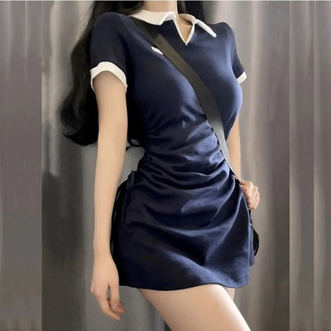 Mini Dress Women Short Sleeve Hip Wrap Skirt Slim Fit Student Casual Fashion Dress