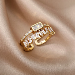 Double Layer Zircon Ring Women Irregular Polished Stainless Steel Elegant Fashion Jewelry