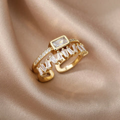 Double Layer Zircon Ring Women Irregular Polished Stainless Steel Elegant Fashion Jewelry