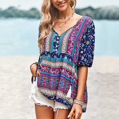 Floral Boho Blouse Women Vintage Short Sleeve V-Neck Beach Casual Summer Fashion Top