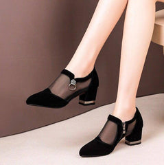 Mesh Pointed Toe Med Heel Shoes Women Breathable Thick Heel Zipper Casual Fashion