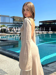 Halter Lace Up Maxi Dress Women Backless Thin Knit Wool Flare Sleeve Chic Holiday Party Fashion