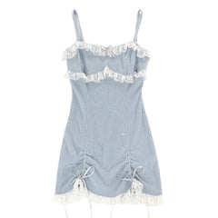 Pink Lace Bow Spaghetti Strap Lolita Mini Dress Women Elegant Casual Party Fashion Dress