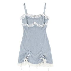 Pink Lace Bow Spaghetti Strap Lolita Mini Dress Women Elegant Casual Party Fashion Dress