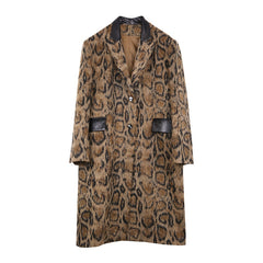 Snake Print PU Vegan Midi Coat Women Brown Spliced Elegant Casual Outerwear Fashion