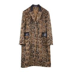 Snake Print PU Vegan Midi Coat Women Brown Spliced Elegant Casual Outerwear Fashion