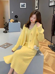 V-Neck Knit Dress Set Women 2-Piece Casual Elegant Autumn Winter Fashion Outfit