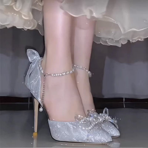 Bridal Wedding Pumps Women Crystal Bowknot Satin High Heel Sandals Cinderella Elegant Fashion