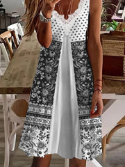 Lace Hollow Out Midi Dress Women V-Neck Sleeveless Print Casual Summer Beach Fashion Dress