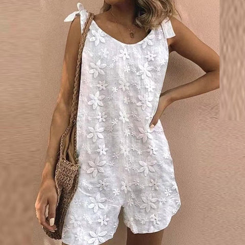 Cotton Linen Embroidered Romper Women Loose Bow Knot Lace Strap Casual Summer Fashion Jumpsuit