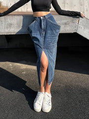 High Waist Straight Split Midi Skirt Women Solid Streetwear Casual Elegant Fashion