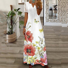 Floral Print Lace Patchwork Maxi Dress Women Short Sleeve V-Neck Casual Beach Vacation Summer