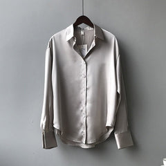 Long Sleeve Vintage Silk Blouse Women Loose Fit Casual Elegant Spring Summer Fashion
