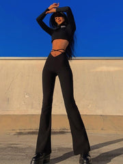 Lace-Up V-Waist Pants Women Stretchy Casual Chic Streetwear Fashion Trousers