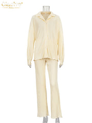 Collar Long Sleeve Top & Pants Set Women 2-Piece Casual Elegant Everyday Fashion Outfit